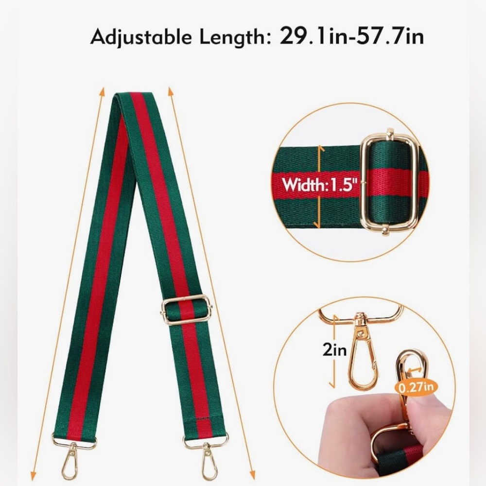 New GG replacement green / red striped handmade crossbody strap w/ gold hardware - Picture 3 of 5